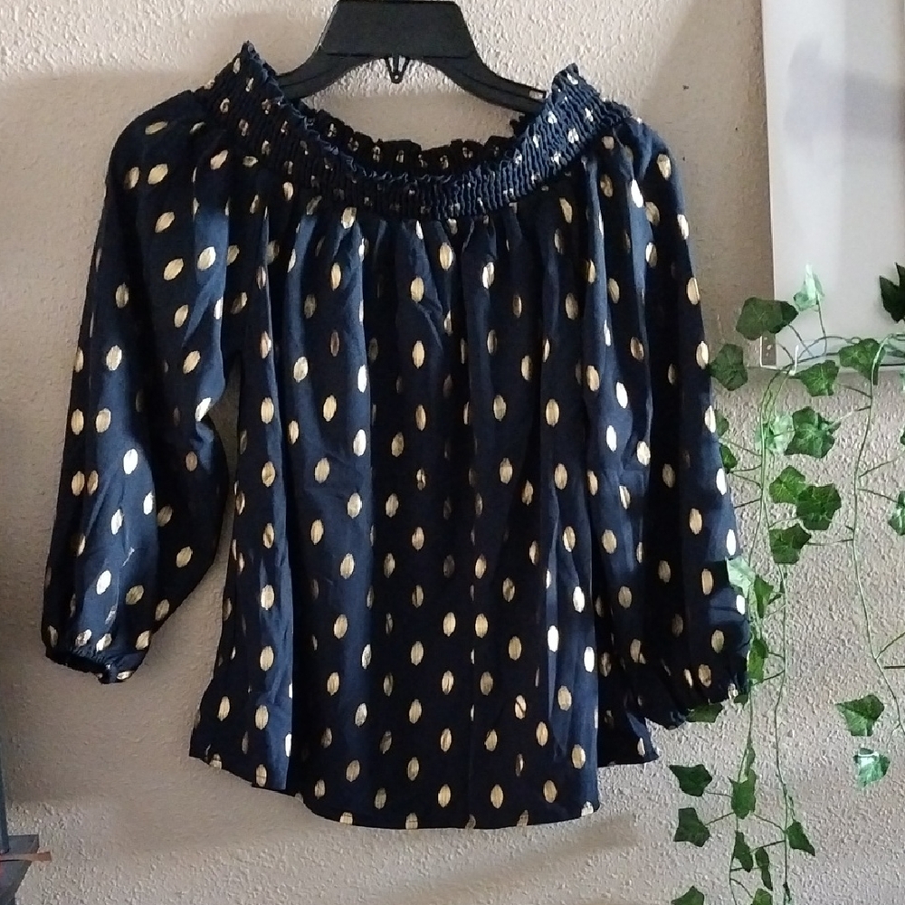 Women's Navy Off The Shoulder Blouse With Gold Feather Decals - Small